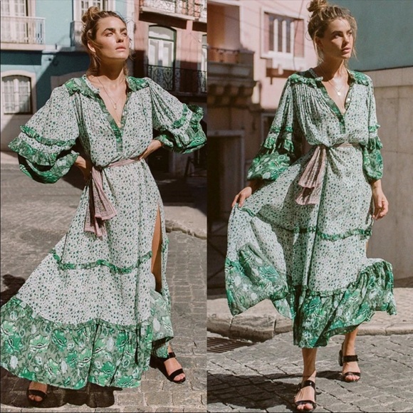 Winona Boho Gypsy Maxi Dress Gown in Ivy Green - Picture 2 of 8
